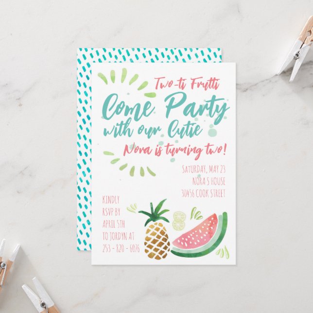 Party zum Thema Obst einladen - 2 Jahre alt Geburt Einladung (Vorderseite/Rückseite Beispiel)