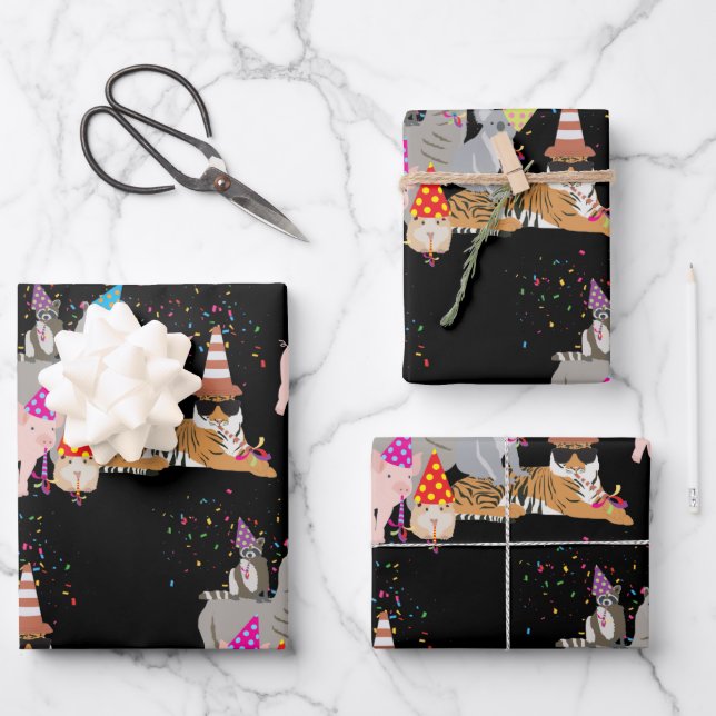 Partying von Tieren - Niedliche Tiere mit Party Geschenkpapier Set (Vorderseite)