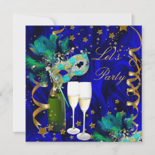 Partymaske Champagner Blau Gold Maskerade Einladung