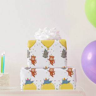 Partytierchen halten einen Luftballon Geschenkpapier