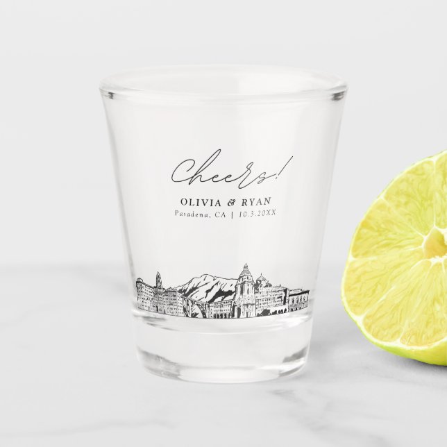 Pasadena Gastgeschenk Hochzeit Cheers Shot Glass Schnapsglas (Vorderseite)