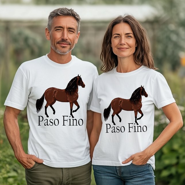 Paso Fino Horse Illustration Reittier T-Shirt (White t-shirt with Paso Fino horse illustration and bold text “Paso Fino,” modeled by man and woman,)