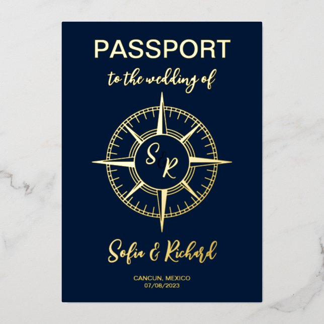 Pass Wedding Destination Gold Foil Compass Folieneinladung (Vorderseite)