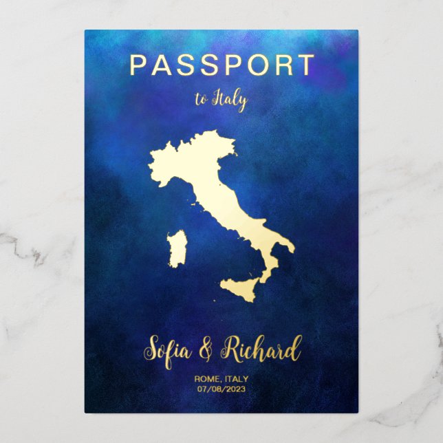 Pass Wedding Destination Gold Navy Italienische Ka Folieneinladung (Vorderseite)