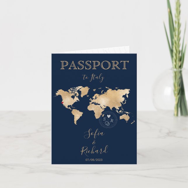 Pass Wedding Destination Gold Weltkarte Einladung (Vorderseite)