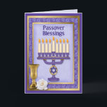 Passahfest-Segen Feiertagskarte<br><div class="desc">Lila und Goldgrenze hat Davidsstern Druck. der goldene Chalice hat auch einen Davidsstern. Weiße Rosen-Erholungen neben ihm. Text sagt Passahfest-Segen</div>