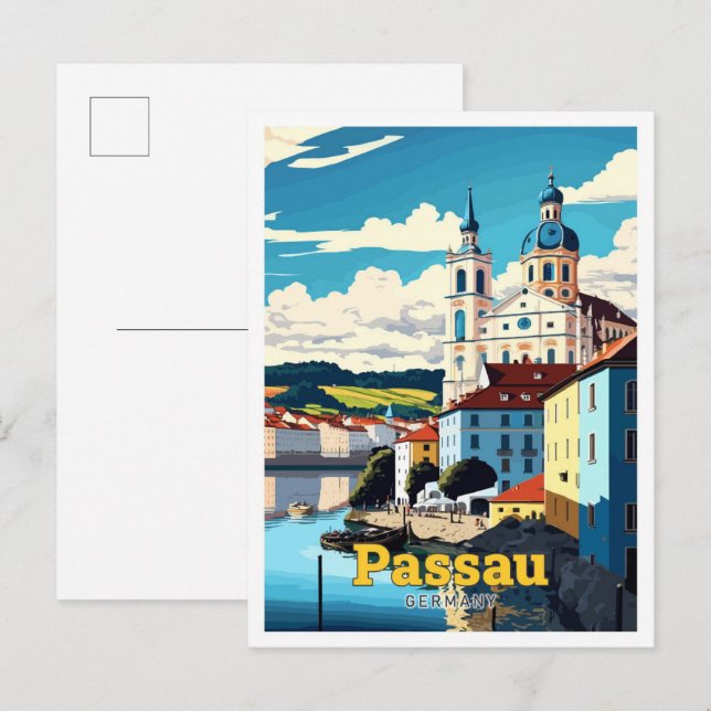 Passau Deutschland Reisen Kunst Vintage Illustrati Postkarte (Vorne/Hinten)