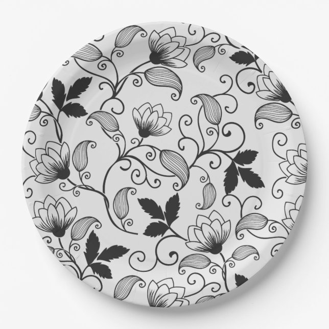 Passen Sie das Muster der schwarzen Flora an Pappteller (Vorderseite)