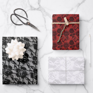 Passende Halloween-Schwarze Rosen Goth-Weißspitze  Geschenkpapier Set