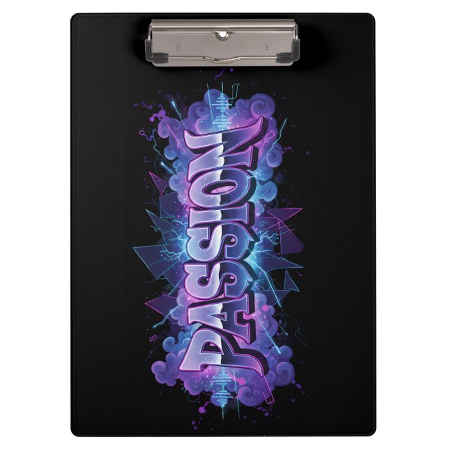 Passion Cyberpunk Typography – Vibrant Modern Word Klemmbrett (Vorderseite)