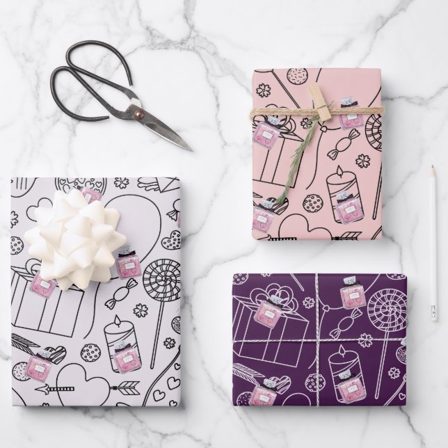 Passionierte Valentine: Pink Fashion Parfüm Flasch Geschenkpapier Set (Vorderseite)
