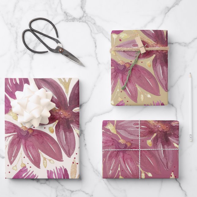 Passionslose Blume, Aquarellbrunnen und Gold Geschenkpapier Set (Vorderseite)