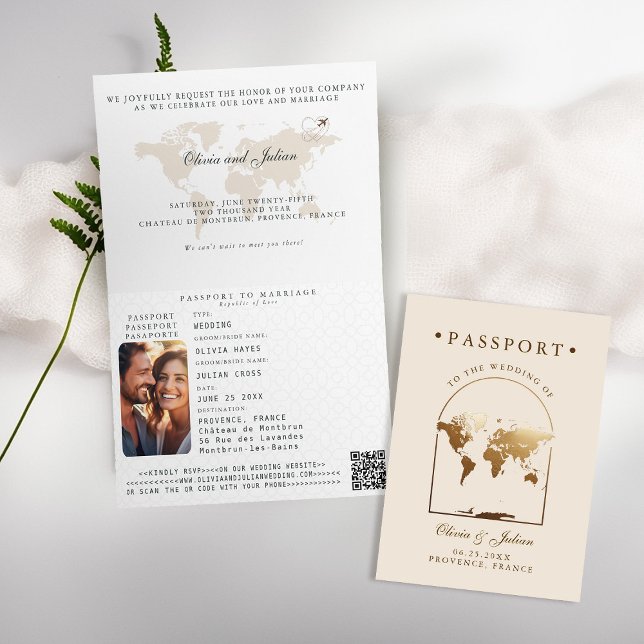 Passport Boho Arch Beige Ecru Hochzeit in Urlaubso Einladung (passport wedding invitation card destination getaway beige ecru faux gold map boho arch monograms)