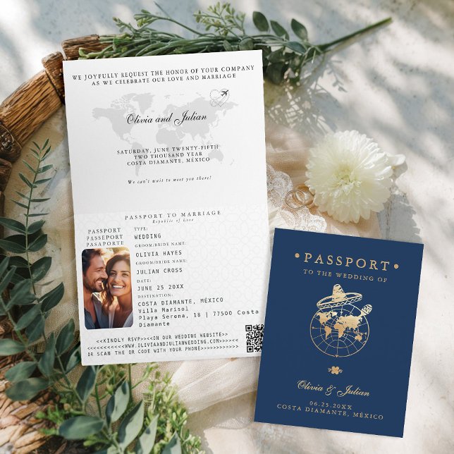 Passport Imitats Gold Navy Mexico Hochzeit in Urla Einladung (passport wedding invitation card destination getaway navy faux gold mexico sombrero monograms folded)