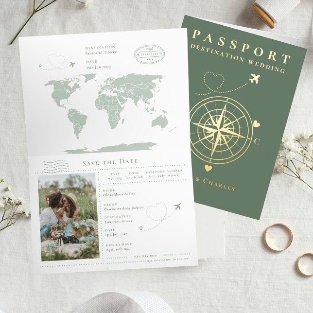 Passport Sage Gold Hochzeit speichern Datum (Passport Sage Gold Wedding Save The Date Foil Holiday Card )