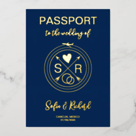 Passport Wedding Destination Gold Foil Flugzeug He Folieneinladung
