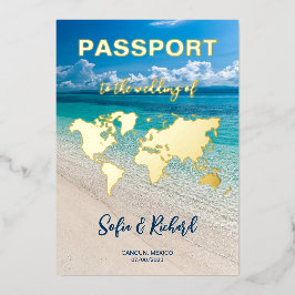 Passport Wedding Destination Gold Foil Flugzeug He Folieneinladung