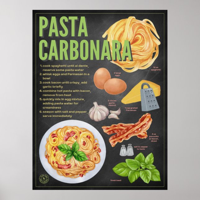 Pasta Carbonara Recipe Chalkboard Küche Poster (Vorne)
