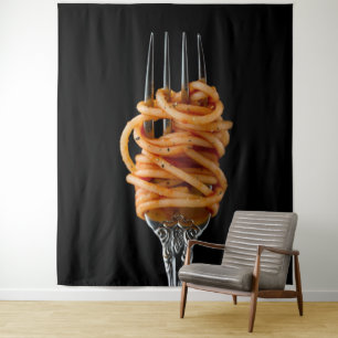 Pasta spun auf einer Gabel, Food Spaghetti Wandteppich