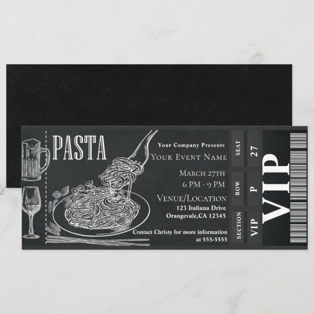 Pasta WIne Dinner Chalk VIP Abendessen Party Ticke Einladung (Vorne/Hinten)