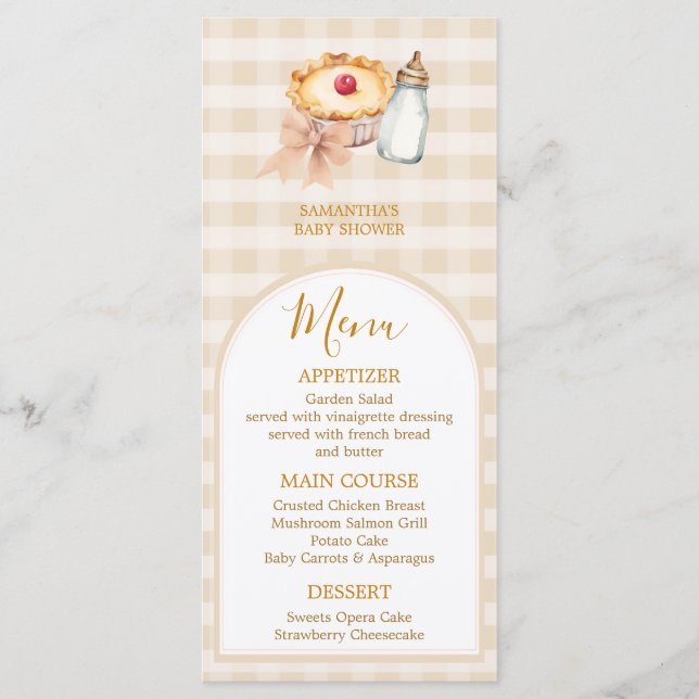 Pastel A Little Süsse Pie Gingham Fall Baby Dusche Menükarte (Vorderseite)