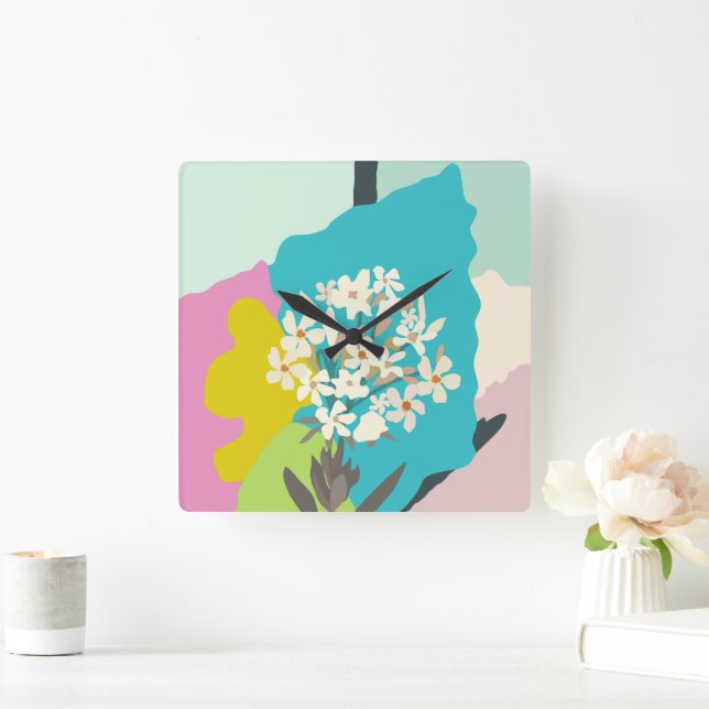 Pastel Abstrakte künstlerische Blumenfarbblöcke Quadratische Wanduhr (Zuhause)