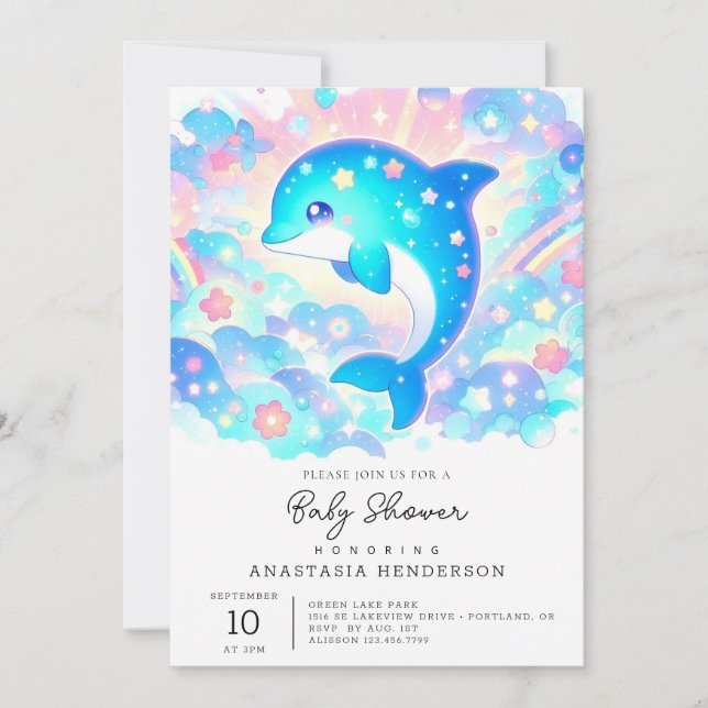 Pastel Adorable Dolphin Babydusche Einladung (Vorderseite)