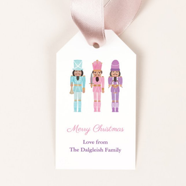 Pastel American Nutcrackers Happy Holidays Geschenkanhänger (African american nutcracker soldiers in pink, turquoise and purple uniforms merry christmas gift tag)