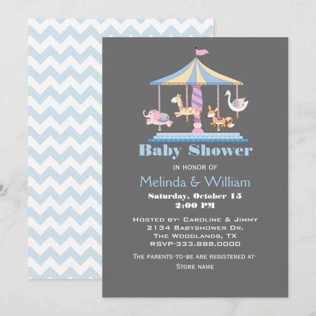 Pastel Animal Carousel Babydusche Einladung (Vorne/Hinten)