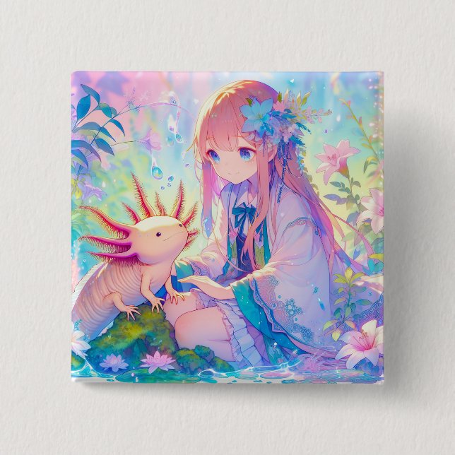Pastel Anime Girl und Axolotl Button (Vorderseite)