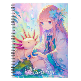 Pastel Anime Girl und Axolotl Personalisiert Notizblock
