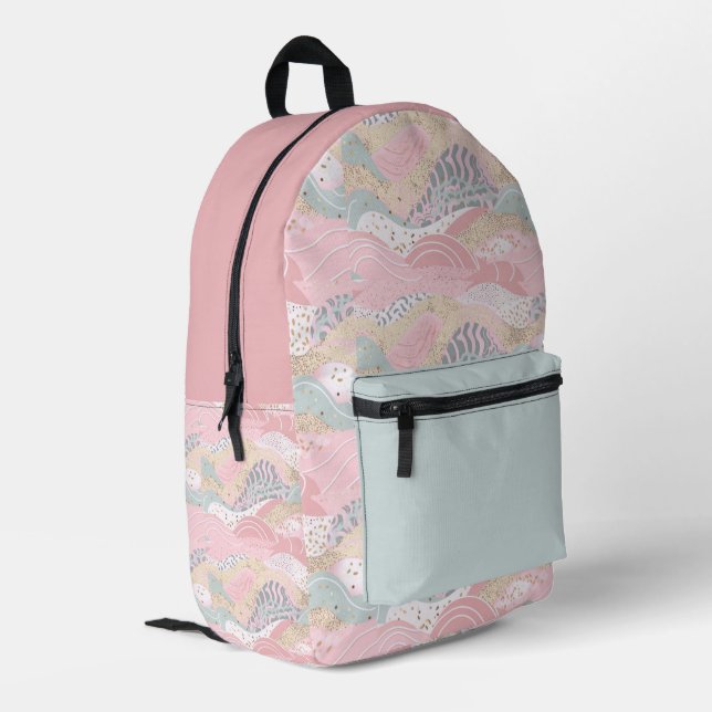 Pastel Aqua Pink Gold Wavy Muster Bedruckter Rucksack (Rückseitige Ecke links)