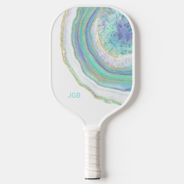 Pastel Aqua und Lila Agate mit Monogramm Pickleball Schläger (Vorderseite)