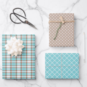 Pastel Aquamarin Blue Coffee Brown Streifen Punkt Geschenkpapier Set