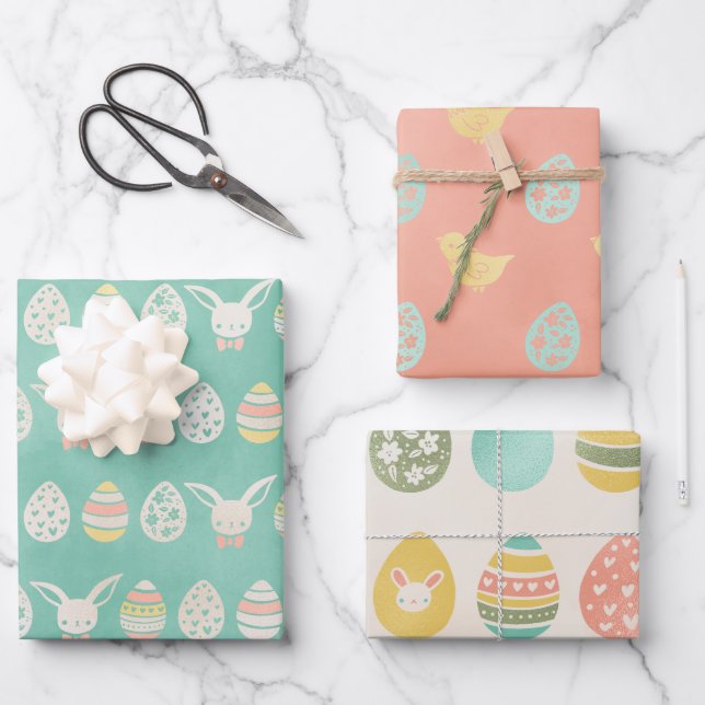 Pastel Aquarelleier Bunny Merry Oster Geschenkpapier Set (Vorderseite)