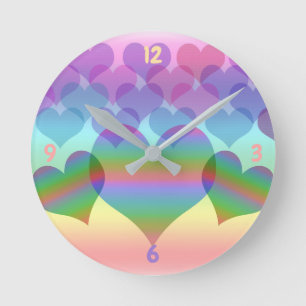 Pastel Arc en Ciel des Coeurs Horloge Ronde