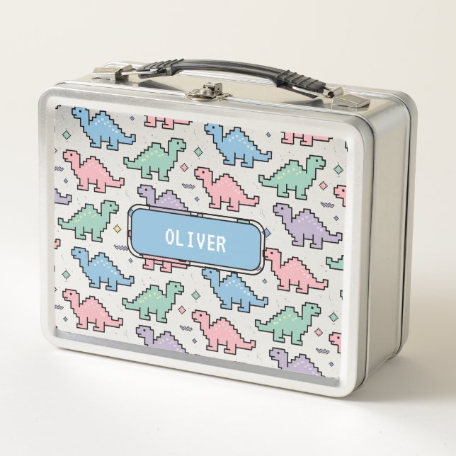 Pastel Arcade Dinosaur Pixel Silhouette Muster Metall Brotdose (Vorderseite)