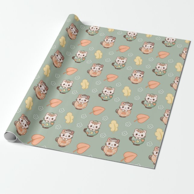 Pastel Autumn Cats in Mugs Pattern Geschenkpapier (Ungerollt)
