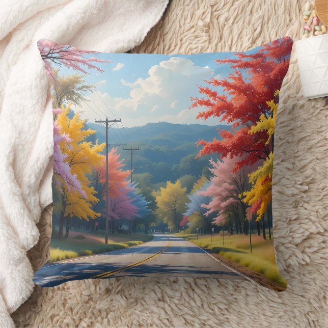 Pastel Autumn Country Road Watercolor Kissen (Decke)