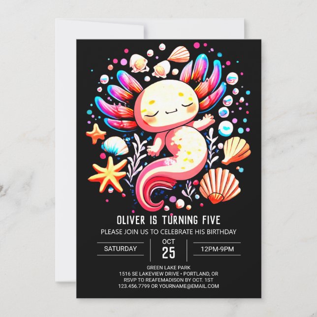 Pastel Axolotl Modern Geburtstag Einladung (Vorderseite)