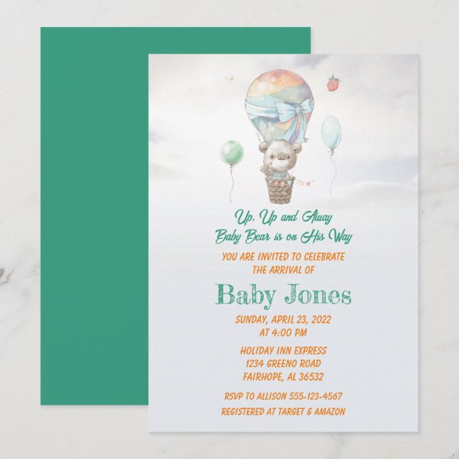 Pastel Baby Bear Hot Air Ballon Babydusche Einladung (Vorne/Hinten)
