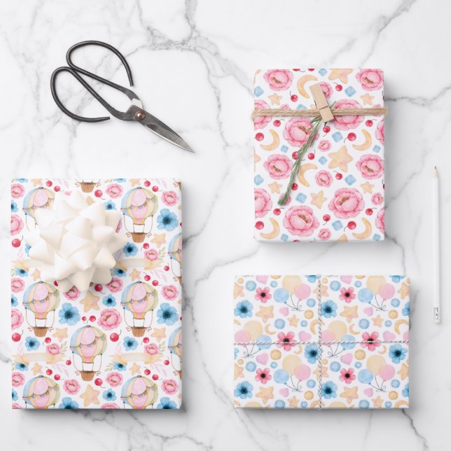 Pastel Baby Blue Baby Pink Hot Air Balloons Geschenkpapier Set (Vorderseite)