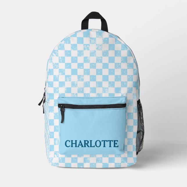 Pastel Baby Blue Checkered Bedruckter Rucksack (Vorderseite)