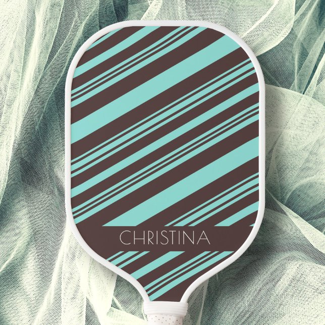Pastel Baby Blue & Latte Brown Stripes Custom Name Pickleball Schläger (Von Creator hochgeladen)