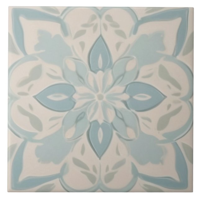 Pastel Baby Blue & White Decoration Floral Fliese (Vorderseite)