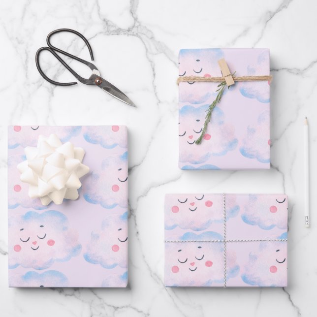 Pastel Baby Pink Wolken auf Pink Geschenkpapier Set (Vorderseite)