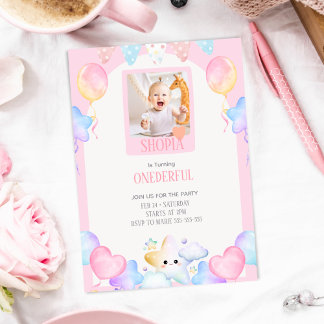 Pastel Balloon 1. Geburtstag Foto Einladung