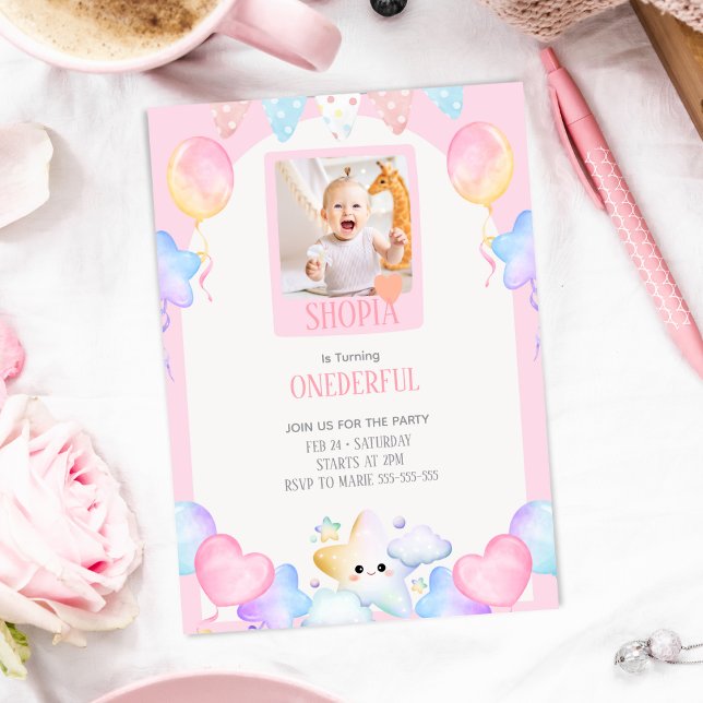 Pastel Balloon 1. Geburtstag Foto Einladung (Von Creator hochgeladen)