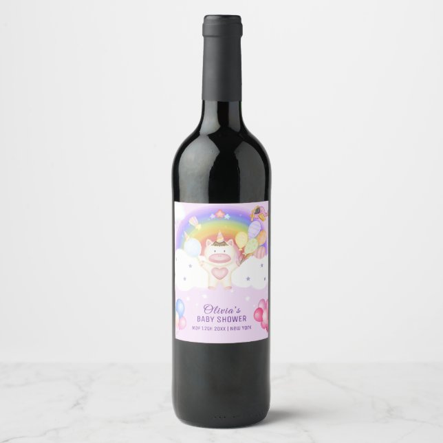 Pastel Balloon Unicorn Rainbow Baby Dusche Weinetikett (Vorderseite)