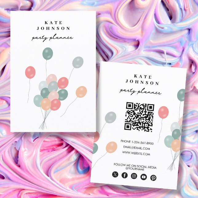 Pastel Balloons Party Planer QR Code Social Media Visitenkarte (Pastel Balloons Party Planner QR Code Social Media Business Card)